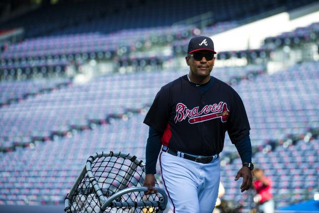 ATLANTA, GA - SEPTEMBER 23: Eddie Perez #12 of the Atlanta Braves before the game against the Milwaukee Brewers at Turner Field on September 23, 2013 in Atlanta, Georgia. The Brewers won 5-0. (Photo by Pouya Dianat/Atlanta Braves)