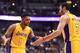 ANAHEIM, CA - OCTOBER 04: D'Angelo Russell #1 and Larry Nance Jr. #7 of the Los Angeles Lakers celebrate a play during a preseason game against the Sacramento Kings at Honda Center on October 4, 2016 in Anaheim, California. NOTE TO USER: User expressly acknowledges and agrees that, by downloading and or using this photograph, User is consenting to the terms and conditions of the Getty Images License Agreement. (Photo by Harry How/Getty Images)