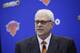 GREENBURG, NY June 3: The New York Knicks Phil Jackson introduces Jeff Hornacek as their new head coach during a press conference at the Knicks Practice Center on June 3, 2016 in Greenburg, New York. NOTE TO USER: User expressly acknowledges and agrees that, by downloading and/or using this photograph, user is consenting to the terms and conditions of the Getty Images License Agreement. Mandatory Copyright Notice: Copyright 2016 NBAE (Photo by Steven Freeman/NBAE via Getty Images)