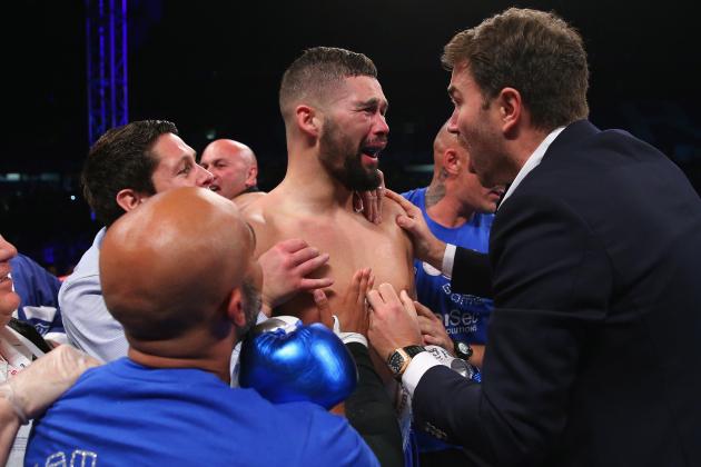 LIVERPOOL, ENGLAND - MAY 29: Tony Bellew celebrates with his corner after stopping Illunga Makabu in the second round to win the Vacant WBC World Cruiserweight Championship fight between Tony Bellew and Illunga Makabu at Goodison Park on May 29, 2016 in Liverpool, England. (Photo by Alex Livesey/Getty Images)