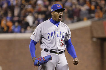 Chicago Cubs pitcher Aroldis Chapman (54) celebrates after Game 4 of baseball's National League Division Series against the San Francisco Giants in San Francisco, Tuesday, Oct. 11, 2016. The Cubs won 6-5. (AP Photo/Ben Margot)