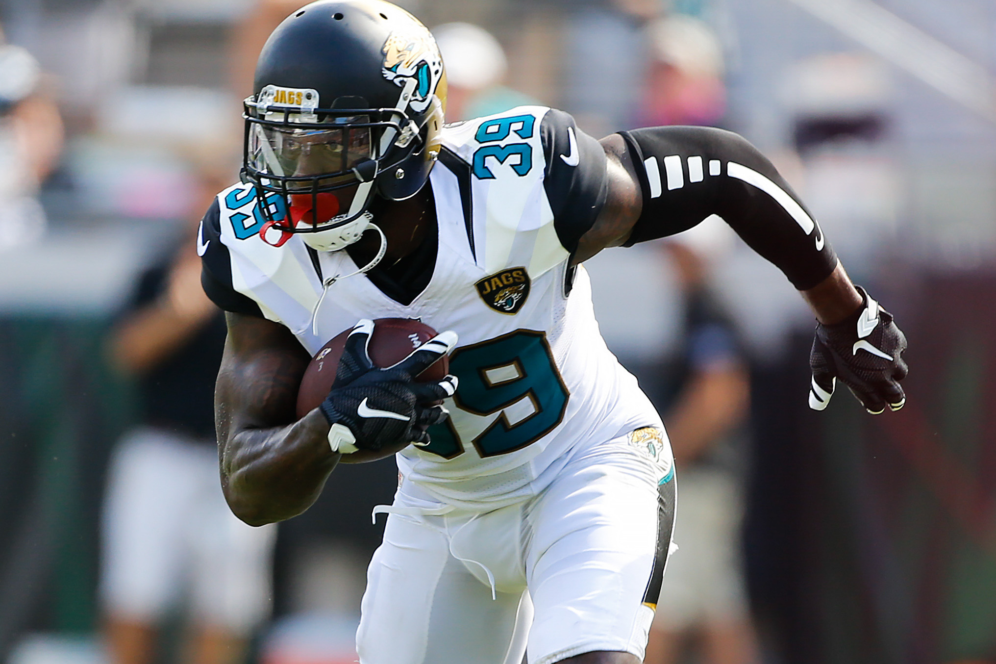 September 10, 2017: Jacksonville Jaguars free safety Tashaun Gipson (39)  enters the field prior to an NFL football game between the Houston Texans  and the Jacksonville Jaguars at NRG Stadium in Houston