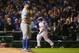 Oct 15, 2016; Chicago, IL, USA; Los Angeles Dodgers pitcher Joe Blanton (55) reacts after giving up a grand slam to Chicago Cubs batter Miguel Montero (rear) during the eighth inning in game one of the 2016 NLCS playoff baseball series at Wrigley Field. Mandatory Credit: Jerry Lai-USA TODAY Sports