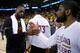 OAKLAND, CA - JUNE 13: LeBron James #23 of the Cleveland Cavaliers celebrates with teammate Kyrie Irving #2 after defeating the Golden State Warriors in Game 5 of the 2016 NBA Finals with a score of 112 to 97 at ORACLE Arena on June 13, 2016 in Oakland, California. NOTE TO USER: User expressly acknowledges and agrees that, by downloading and or using this photograph, User is consenting to the terms and conditions of the Getty Images License Agreement. (Photo by Ezra Shaw/Getty Images)