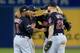 TORONTO, ON - OCTOBER 17: Jose Ramirez #11, Francisco Lindor #12, Jason Kipnis #22 and Mike Napoli #26 of the Cleveland Indians celebrate after defeating the Toronto Blue Jays with a score of 4 to 2 in game three of the American League Championship Series at Rogers Centre on October 17, 2016 in Toronto, Canada. (Photo by Vaughn Ridley/Getty Images)