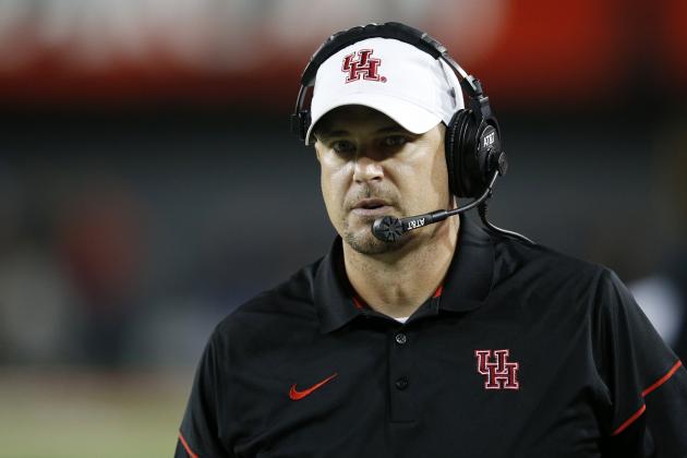 CINCINNATI, OH - SEPTEMBER 15: Head coach Tom Herman of the Houston Cougars looks on against the Cincinnati Bearcats during the game at Nippert Stadium on September 15, 2016 in Cincinnati, Ohio. Houston defeated Cincinnati 40-16. (Photo by Joe Robbins/Getty Images)