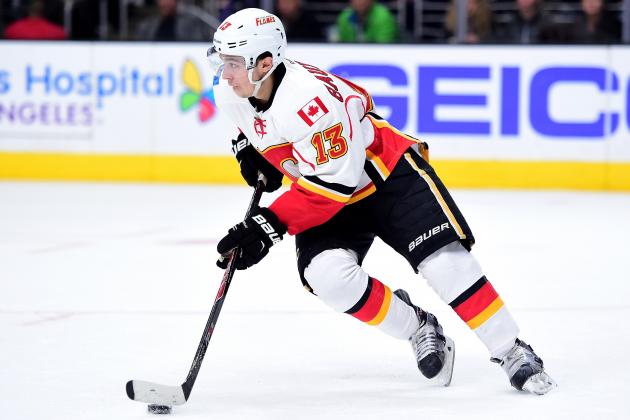 LOS ANGELES, CA - MARCH 31:  Johnny Gaudreau #13 of the Calgary Flames starts a rush during the second period against the Los Angeles Kings at Staples Center on March 31, 2016 in Los Angeles, California.  (Photo by Harry How/Getty Images)