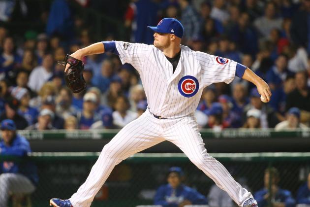 Oct 15, 2016; Chicago, IL, USA; Chicago Cubs starting pitcher Jon Lester throws a pitch against the Los Angeles Dodgers in game one of the 2016 NLCS playoff baseball series at Wrigley Field. Mandatory Credit: Jerry Lai-USA TODAY Sports