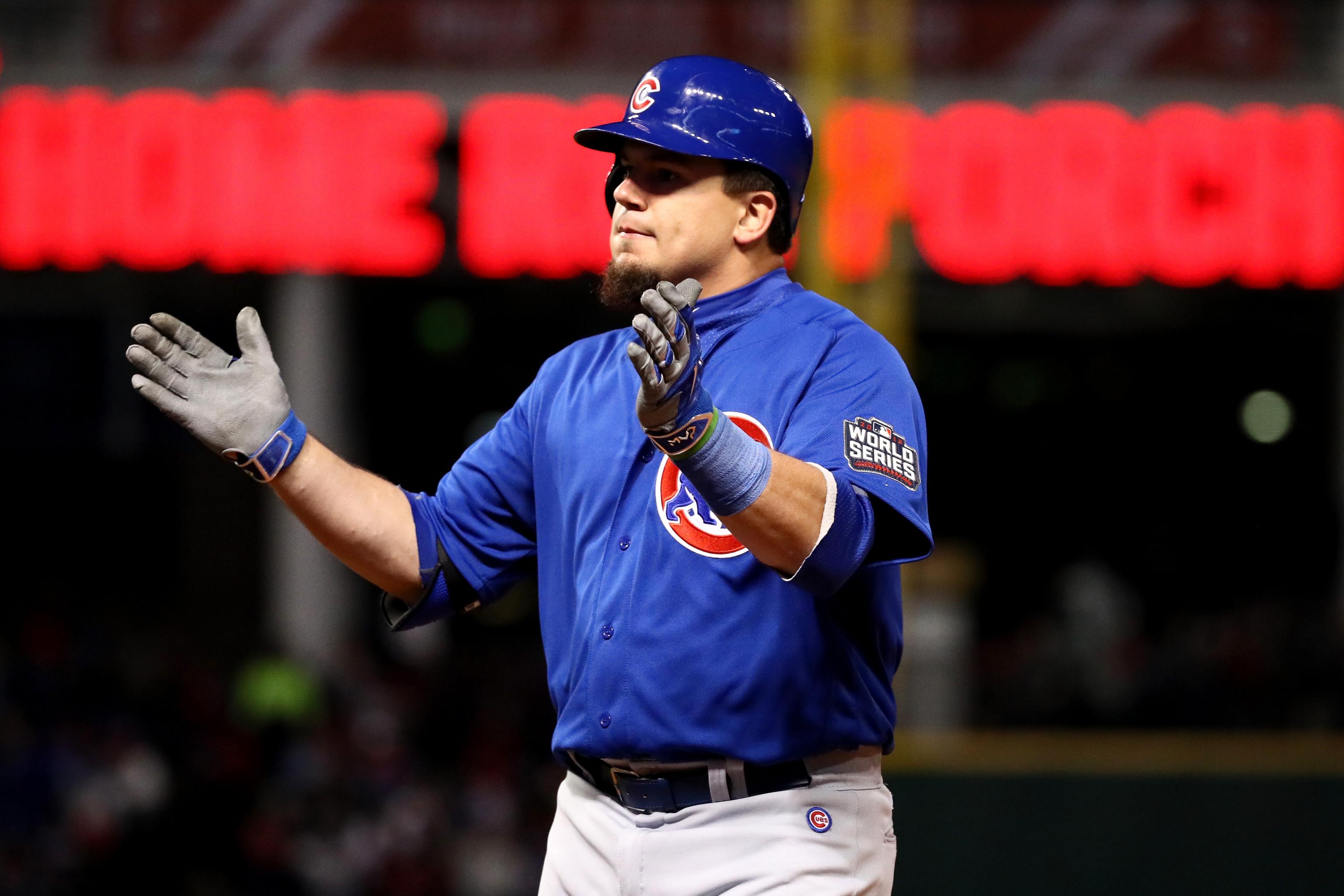 OCT 26, 2016: Chicago Cubs left fielder Kyle Schwarber (12) reacts after a  base hit during Game 2 of the 2016 World Series against the Chicago Cubs  and the Cleveland Indians at