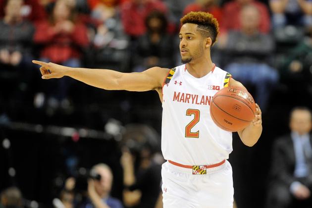 INDIANAPOLIS, IN - MARCH 11: Melo Trimble #2 of the Maryland Terrapins handles the ball against the Nebraska Cornhuskers in the quarterfinal round of the Big Ten Basketball Tournament at Bankers Life Fieldhouse on March 11, 2016 in Indianapolis, Indiana.  (Photo by G Fiume/Maryland Terrapins/Getty Images)