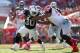 TAMPA, FL - OCTOBER 30: Running back Jalen Richards #30 of the Oakland Raiders fends off defensive tackle Akeem Spence #97 of the Tampa Bay Buccaneers during a carry in the fourth quarter of an NFL game on October 30, 2016 at Raymond James Stadium in Tampa, Florida. (Photo by Brian Blanco/Getty Images)