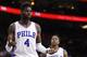 Philadelphia 76ers' Nerlens Noel reacts to the call on the court against the Sixers during the second half of an NBA basketball game against the San Antonio Spurs, Monday, Dec. 7, 2015, in Philadelphia. The San Antonio Spurs won 119-68. (AP Photo/Chris Szagola)