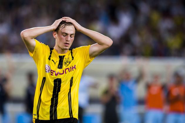 SHENZHEN - JULY 28: Borussia Dortmund midfielder Jacob Bruun Larsen reacts during the 2016 International Champions Cup China match at the Shenzhen Stadium on 28 July 2016 in Shenzhen, China. (Photo by Power Sport Images/Getty Images)