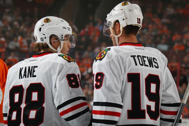 PHILADELPHIA, PA - OCTOBER 14:  Jonathan Toews #19 and Patrick Kane #88 of the Chicago Blackhawks skate against the Philadelphia Flyers at the Wells Fargo Center on October 14, 2015 in Philadelphia, Pennsylvania.  (Photo by Bruce Bennett/Getty Images)
