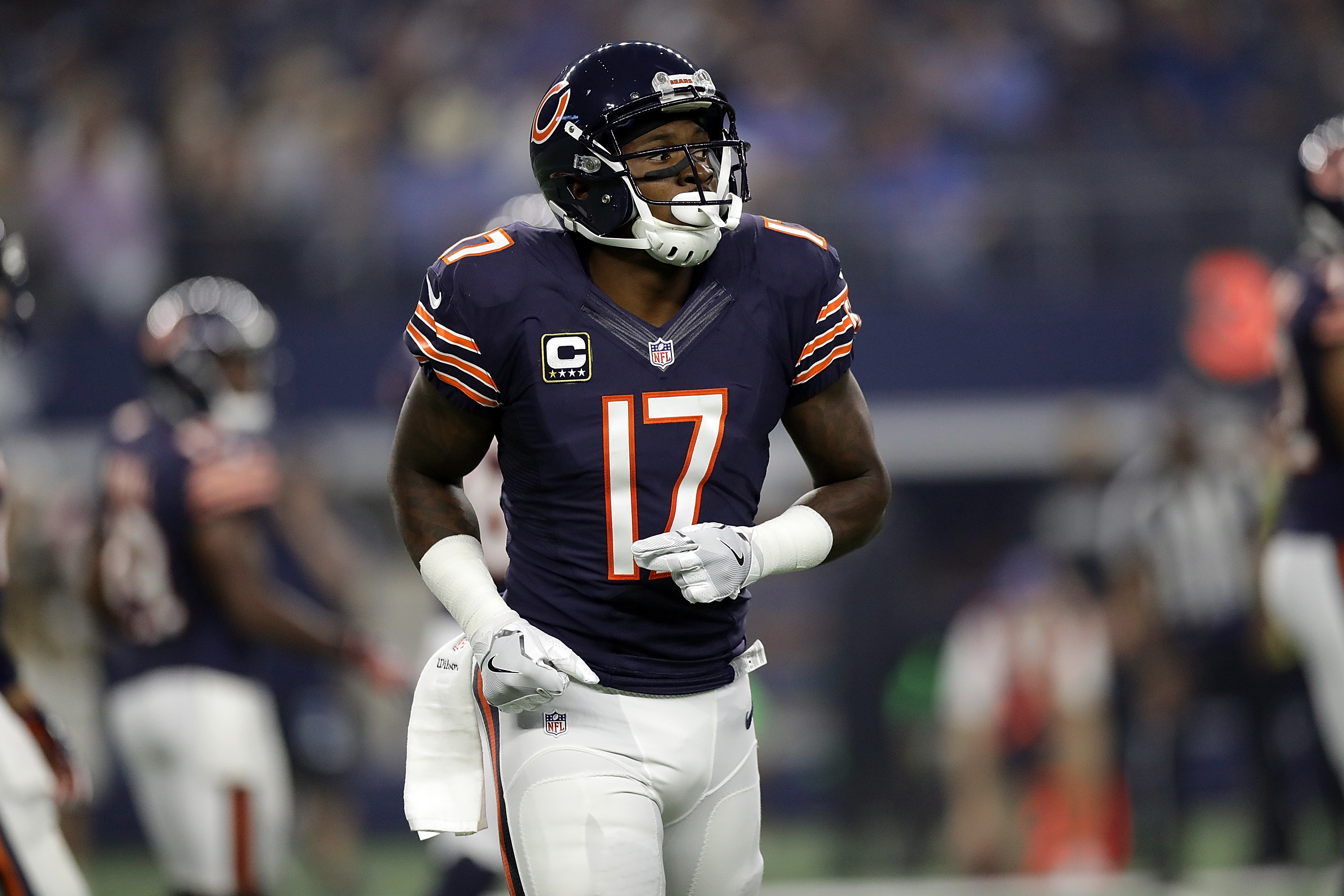 Chicago Bears wide receiver Alshon Jeffery (17) reacts lays in the end zone  after an offensive pass interference call was made on him in the third  quarter against the Green Bay Packers