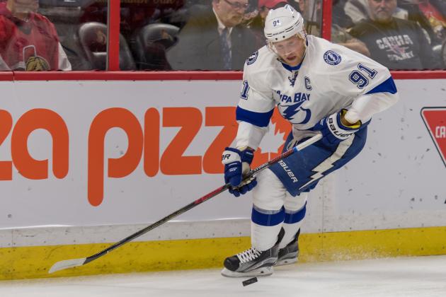 Oct 22, 2016; Ottawa, Ontario, CAN; Tampa Bay Lightning center Steven Stamkos (91) skates with the puck in the first period against the Ottawa Senators at Canadian Tire Centre. Mandatory Credit: Marc DesRosiers-USA TODAY Sports