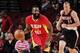 HOUSTON, TX - NOVEMBER 17: James Harden #13 of the Houston Rockets brings the ball up court against Mason Plumlee #24 of the Portland Trail Blazers during the game on November 17, 2016 at the Toyota Center in Houston, Texas. NOTE TO USER: User expressly acknowledges and agrees that, by downloading and or using this photograph, User is consenting to the terms and conditions of the Getty Images License Agreement. Mandatory Copyright Notice: Copyright 2016 NBAE (Photo by Bill Baptist/NBAE via Getty Images)