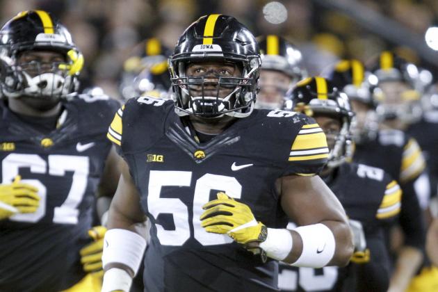 IOWA CITY, IOWA- NOVEMBER 12:  Defensive lineman Faith Ekakitie #56 of the Iowa Hawkeyes takes the field before the match-up against the Michigan Wolverines on November 12, 2016 at Kinnick Stadium in Iowa City, Iowa.  (Photo by Matthew Holst/Getty Images)