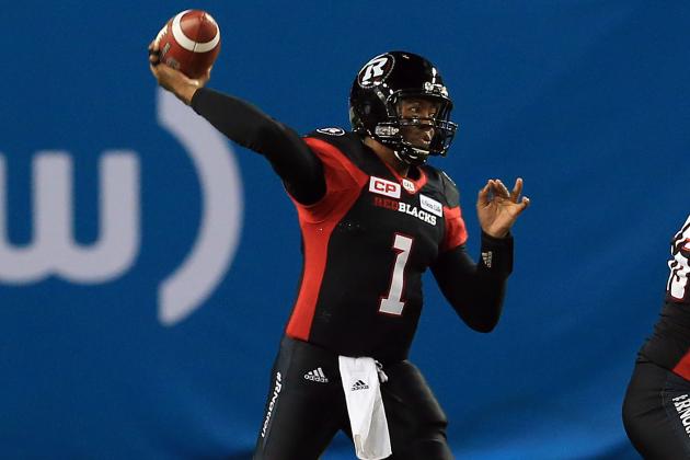 TORONTO, ON - NOVEMBER 27:  Quarterback Henry Burris #1 of the Ottawa Redblacks throws the ball during the first half of the 104th Grey Cup Championship Game against the Calgary Stampeders at BMO Field on November 27, 2016 in Toronto, Canada.  (Photo by Vaughn Ridley/Getty Images)