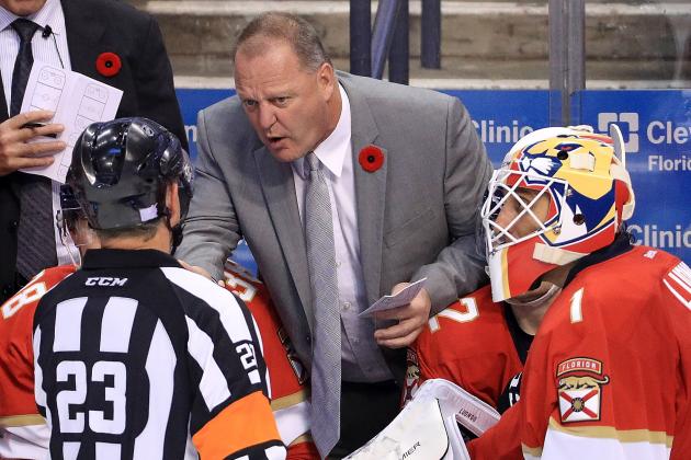 SUNRISE, FL - NOVEMBER 07: Florida Panthers head coach Gerard Gallant talks with officials during a game against the Tampa Bay Lightning at BB&T Center on November 7, 2016 in Sunrise, Florida.  (Photo by Mike Ehrmann/Getty Images)