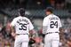 DETROIT, MICHIGAN - JULY 30: Justin Verlander #35 and Miguel Cabrera #24 of the Detroit Tigers walk off the field together during the game against the Houston Astros at Comerica Park on July 30, 2016 in Detroit, Michigan. The Tigers defeated the Astros 3-2. (Photo by Mark Cunningham/MLB Photos via Getty Images)