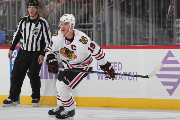 NEWARK, NJ - OCTOBER 28:  Jonathan Toews #19 of the Chicago Blackhawks skates against the New Jersey Devils at the Prudential Center on October 28, 2016 in Newark, New Jersey.  (Photo by Bruce Bennett/Getty Images)