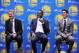 OAKLAND, CA - JULY 7: Head coach Steve Kerr of the Golden State Warriors, Kevin Durant and General Manager Bob Myers address the media during the press conference to introduce Kevin Durant on July 7, 2016 in Oakland, California. NOTE TO USER: User expressly acknowledges and agrees that, by downloading and or using this photograph, user is consenting to the terms and conditions of Getty Images License Agreement. Mandatory Copyright Notice: Copyright 2016 NBAE (Photo by Noah Graham/NBAE via Getty Images)