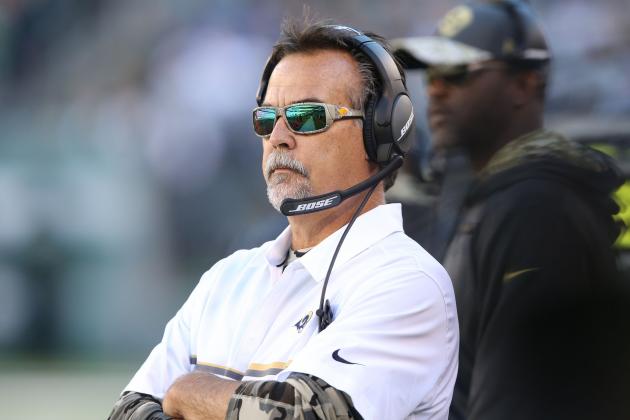 EAST RUTHERFORD, NJ - NOVEMBER 13: Head Coach Jeff Fisher of the Los Angeles Rams follows the action against the New York Jets at MetLife Stadium on November 13, 2016 in East Rutherford, New Jersey. (Photo by Al Pereira/Getty Images)