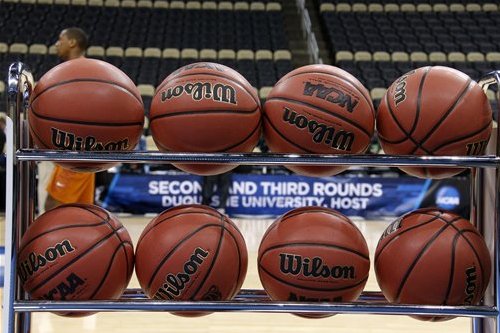 A rack of basketballs wait for the start of Texas' practice for an NCAA college basketball second round game in Pittsburgh Wednesday, March 18, 2015. Texas plays Butler on Thursday. (AP Photo/Gene J. Puskar)