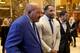 NFL legends, Jim Brown and Ray Lewis(C) and Rev. Darrell Scott(R), senior pastor of the New Spirit Revival Center in Cleveland Heights speak to the media after meetings with US President-elect Donald Trump at Trump Tower in New York December 13, 2016. / AFP / TIMOTHY A. CLARY (Photo credit should read TIMOTHY A. CLARY/AFP/Getty Images)