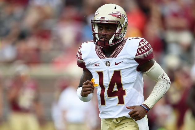 TALLAHASSEE, FL - APRIL 11:  De'Andre Johnson #14 of the Gold team runs to the sideline following a rushing touchdown against the Garnet team during Florida State's Garnet and Gold spring game at Doak Campbell Stadium on April 11, 2015 in Tallahassee, Florida.  (Photo by Stacy Revere/Getty Images)