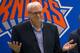 (L-R) New York Knicks President Phil Jackson, General Manager Steven Mills Coach Jeff Hornacek speak with the media at Madison Square Garden training center on July 8, 2016 in Tarrytown, New York. / AFP / Bryan R. Smith (Photo credit should read BRYAN R. SMITH/AFP/Getty Images)