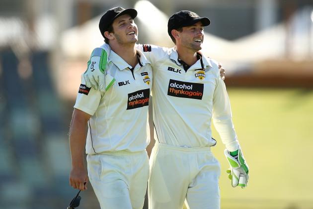 PERTH, AUSTRALIA - DECEMBER 07: Hilton Cartwright and Sam Whiteman of Western Australia share a moment after a wicket during day three of the Sheffield Shield match between Western Australia and Queensland at WACA on December 7, 2016 in Perth, Australia. (Photo by Paul Kane/Getty Images)