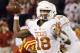 AMES, IA - OCTOBER 31: Quarterback Tyrone Swoopes #18 of the Texas Longhorns throws the ball in the second half of play against the Iowa State Cyclones at Jack Trice Stadium on October 31, 2015 in Ames, Iowa. Iowa State defeated Texas 24-0. (Photo by David K Purdy/Getty Images)