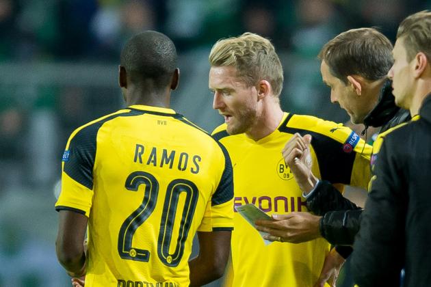 Dortmund, Germany 02.11.2016, UEFA Champions League - 2016/17 Season, Group F - Matchday 4, BV Borussia Dortmund - Sporting Lissabon,  Adrian Ramos (BVB), Andre Schuerrle (BVB)  und Trainer Thomas Tuchel (BVB)    (Photo by TF-Images/Getty Images)