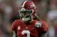 ATLANTA, GA - DECEMBER 31: Jalen Hurts #2 of the Alabama Crimson Tide reacts after a touchdown against the Washington Huskies during the 2016 Chick-fil-A Peach Bowl at the Georgia Dome on December 31, 2016 in Atlanta, Georgia. (Photo by Streeter Lecka/Getty Images)