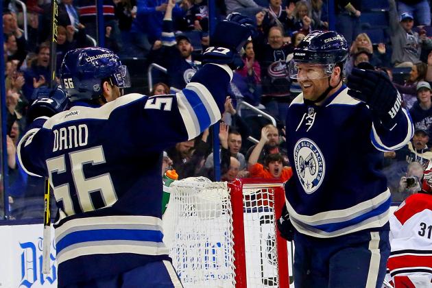 COLUMBUS, OH - MARCH 15:  Scott Hartnell #43 and Mark Dano #56 of the Columbus Blue Jackets celebrates Hartnell's goal during the second period of the game against the Carolina Hurricanes on March 15, 2015 at Nationwide Arena in Columbus, Ohio. (Photo by Kirk Irwin/Getty Images)