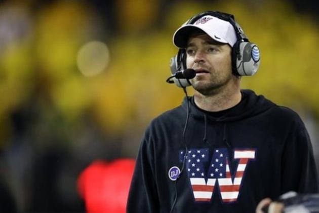 FILE - In this Nov. 9, 2013, file photo, Washington's defensive coordinator Justin Wilcox wears a sweatshirt and cap with a special team logo to honor veterans as he coaches against Colorado in the second half of an NCAA college football game in Seattle. Wisconsin and coach Paul Chryst formally introduced Wilcox as the Badgers' new defensive coordinator on Monday, Feb. 1, 2016. (AP Photo/Ted S. Warren, File)