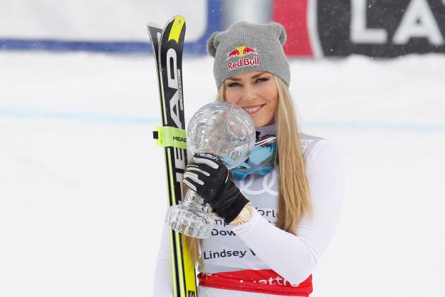 ST MORITZ, SWITZERLAND - MARCH 16: Lindsey Vonn of The USA poses with the crystal globe for overall downhill during the Audi FIS Alpine Skiing World Cup downhill  on March 16, 2016 in St Moritz, Switzerland. (Photo by Mitchell Gunn/Getty Images)