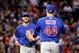 CLEVELAND, OH - NOVEMBER 01: Kris Bryant #17 of the Chicago Cubs reacts with Anthony Rizzo #44 after defeating the Cleveland Indians 9-3 to win Game Six of the 2016 World Series at Progressive Field on November 1, 2016 in Cleveland, Ohio. (Photo by Jamie Squire/Getty Images)