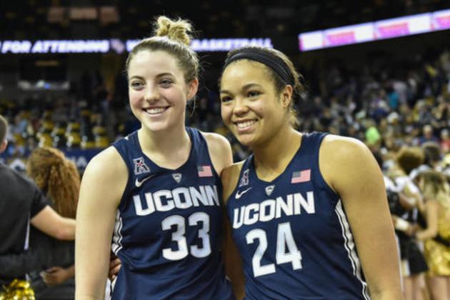 Connecticut's Katie Lou Samuelson (33) and forward Napheesa Collier (24) wait to speak to the media following an NCAA college basketball game, Sunday, Jan. 1, 2017, in Orlando, Fla. Connecticut defeated UCF 84-48. (AP Photo/Roy K. Miller)