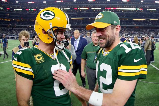 ARLINGTON, TX - JANUARY 15:  Mason Crosby #2 of the Green Bay Packers celebrates with Aaron Rodgers #12 of the Green Bay Packers after kicking the game winning field goal against the Dallas Cowboys in the final seconds of a NFC Divisional Playoff game at AT&T Stadium on January 15, 2017 in Arlington, Texas. The Green Bay Packers beat the Dallas Cowboys 34-31  (Photo by Tom Pennington/Getty Images)