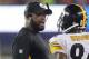 Pittsburgh Steelers head coach Mike Tomlin is seen with Antonio Brown #84 on the sidelines against the New England Patriots during an NFL football game, Thursday, Sept. 10, 2015, in Foxborough, Mass. (AP Photo/Gregory Payan)