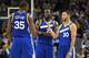 OAKLAND, CA - NOVEMBER 13: Stephen Curry #30, Kevin Durant #35 and Draymond Green #23 of the Golden State Warriors talks while there's a break in the action against the Phoenix Suns during an NBA basketball game at ORACLE Arena on November 13, 2016 in Oakland, California. NOTE TO USER: User expressly acknowledges and agrees that, by downloading and or using this photograph, User is consenting to the terms and conditions of the Getty Images License Agreement. (Photo by Thearon W. Henderson/Getty Images)