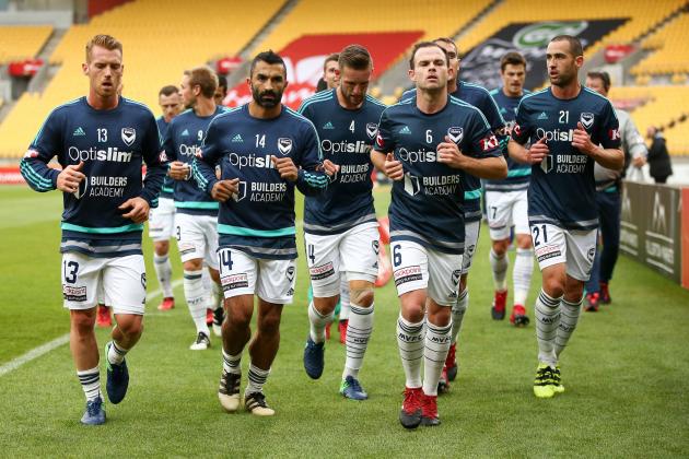 WELLINGTON, NEW ZEALAND - JANUARY 17:  L to R, Oliver Bozanic, Fahid Ben Khalfallah, Nick Ansell, Leigh Broxham and Carl Valeri of Melbourne Victory leave the field after warming up during the round seven A-League match between the Wellington Phoenix and the Melbourne Victory at Westpac Stadium on January 17, 2017 in Wellington, New Zealand.  (Photo by Hagen Hopkins/Getty Images)