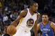 OAKLAND, CA - JANUARY 18: Kevin Durant #35 of the Golden State Warriors dribbles past Russell Westbrook #0 of the Oklahoma City Thunder at ORACLE Arena on January 18, 2017 in Oakland, California. NOTE TO USER: User expressly acknowledges and agrees that, by downloading and or using this photograph, User is consenting to the terms and conditions of the Getty Images License Agreement. (Photo by Ezra Shaw/Getty Images)