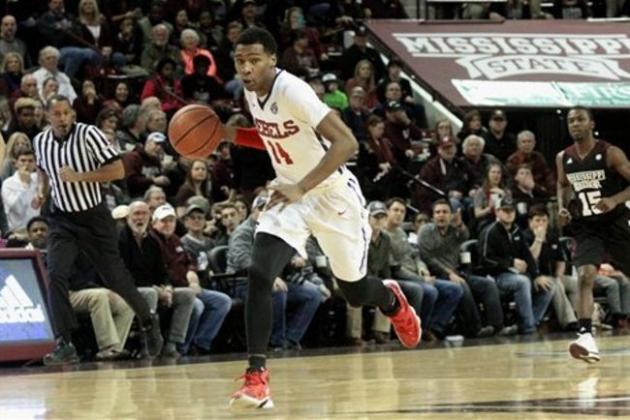 Mississippi guard Rasheed Brooks (14) dribbles the ball downcourt during the second half of an NCAA college basketball game against Mississippi State in Starkville, Miss., Saturday, Jan. 23, 2016. Mississippi State won 83-77. (AP Photo/Jim Lytle)