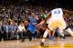 OAKLAND, CA - JANUARY 18: Russell Westbrook #0 of the Oklahoma City Thunder handles the ball during the game against the Golden State Warriors on January 18, 2017 at ORACLE Arena in Oakland, California. NOTE TO USER: User expressly acknowledges and agrees that, by downloading and or using this photograph, user is consenting to the terms and conditions of Getty Images License Agreement. Mandatory Copyright Notice: Copyright 2017 NBAE (Photo by Noah Graham/NBAE via Getty Images)