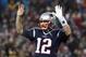 FOXBORO, MA - JANUARY 22: Tom Brady #12 of the New England Patriots reacts during the second half against the Pittsburgh Steelers in the AFC Championship Game at Gillette Stadium on January 22, 2017 in Foxboro, Massachusetts. (Photo by Elsa/Getty Images)