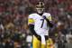FOXBORO, MA - JANUARY 22: Ben Roethlisberger #7 of the Pittsburgh Steelers reacts during the first half against the New England Patriots in the AFC Championship Game at Gillette Stadium on January 22, 2017 in Foxboro, Massachusetts. (Photo by Elsa/Getty Images)